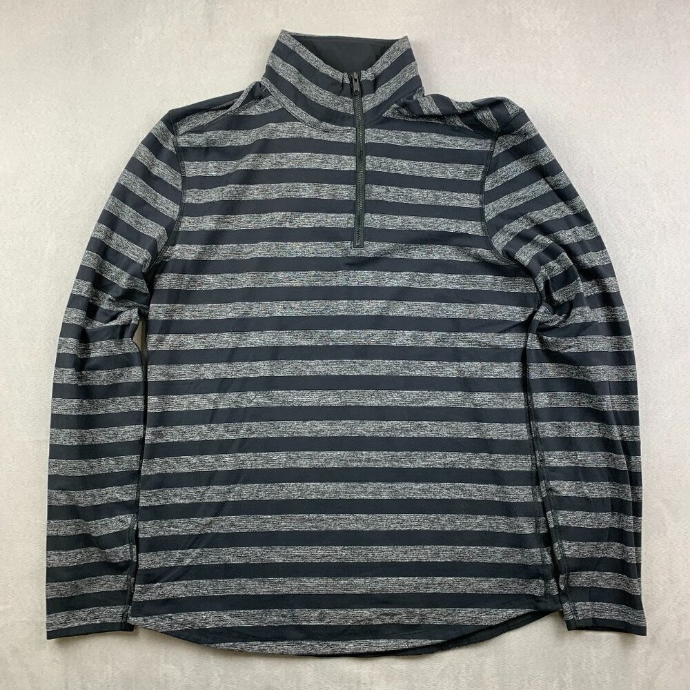 Lululemon Mens Pullover Large Black Gray Striped 1/4 Zip Lightweight Performance